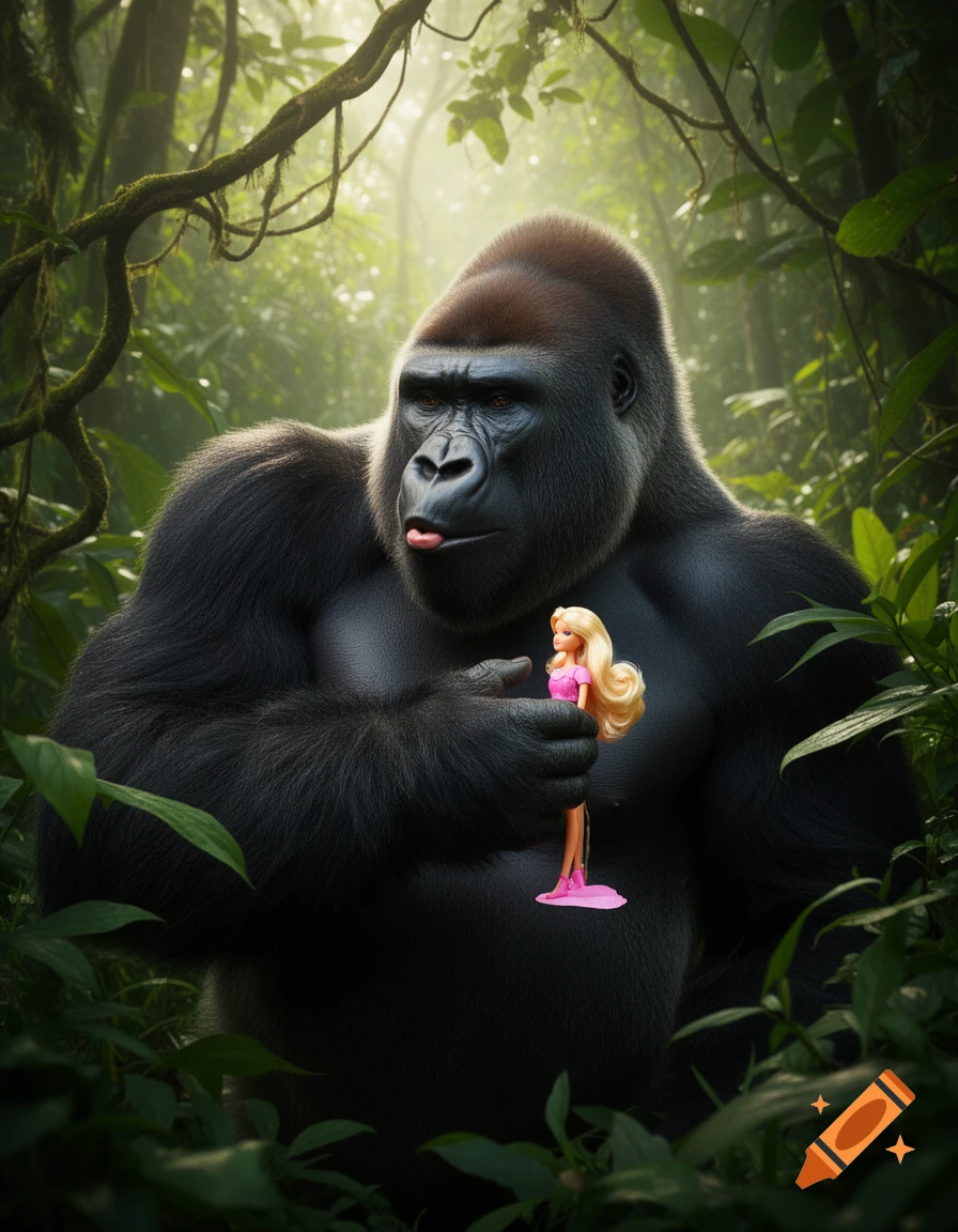 Photorealistic gorilla in a lush jungle holds a Barbie doll and playfully sticks out its tongue.