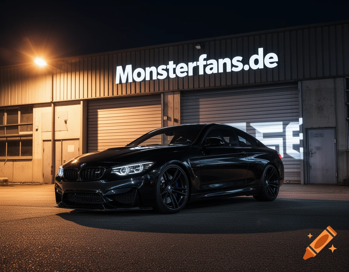 A black tuned BMW M4 coupe parked at night in front of a warehouse with a large 'Monsterfans.de' sign illuminated in white, and a 'SE' logo projected on a garage door.
