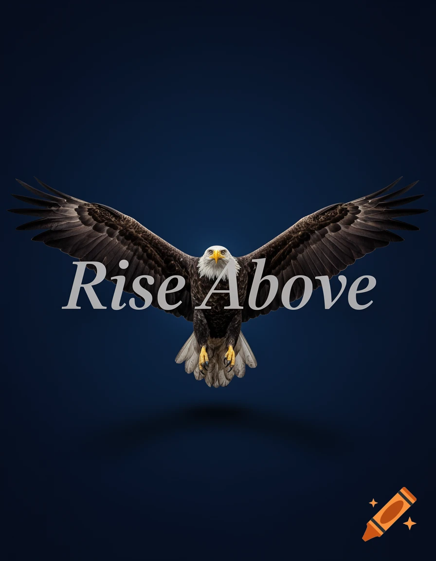 Photorealistic bald eagle with spread wings against a dark blue background, text 'Rise Above'.