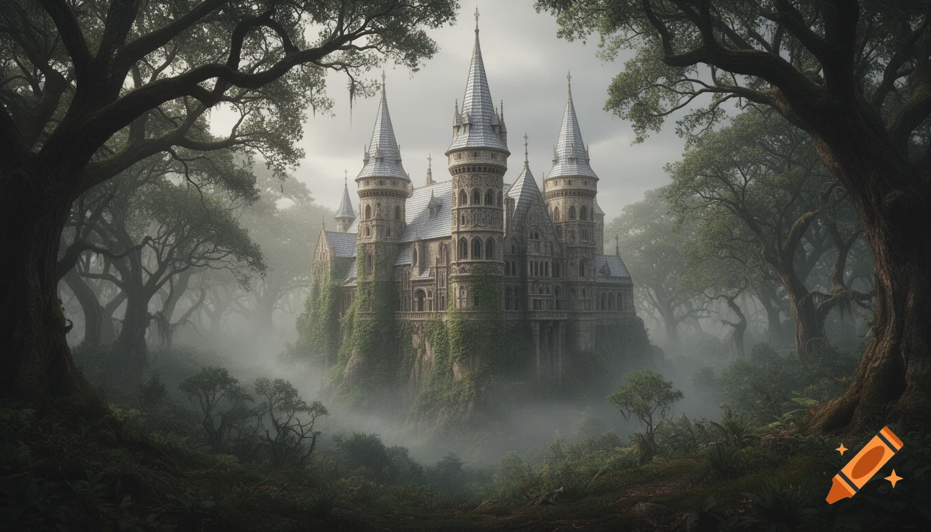 A hyperrealistic fantasy castle with multiple spires rises from a misty, ancient forest with gnarled trees.