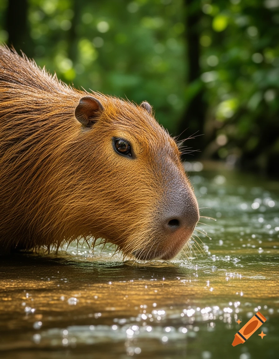 Close-up photorealistic shot of a capybara's head emerging from sparkling water in a lush green forest.