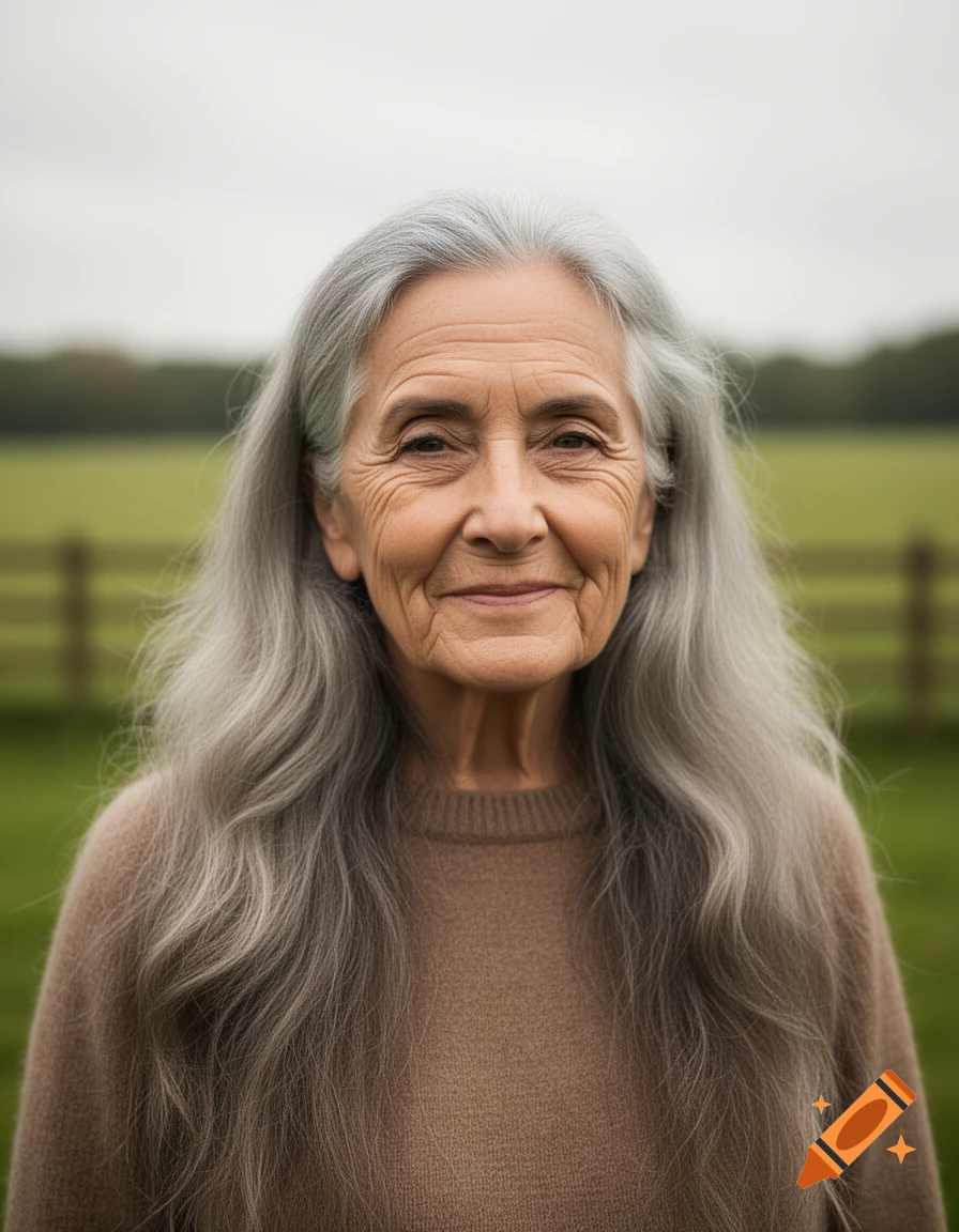 A smiling elderly woman with long gray hair and a brown sweater stands in a green field.