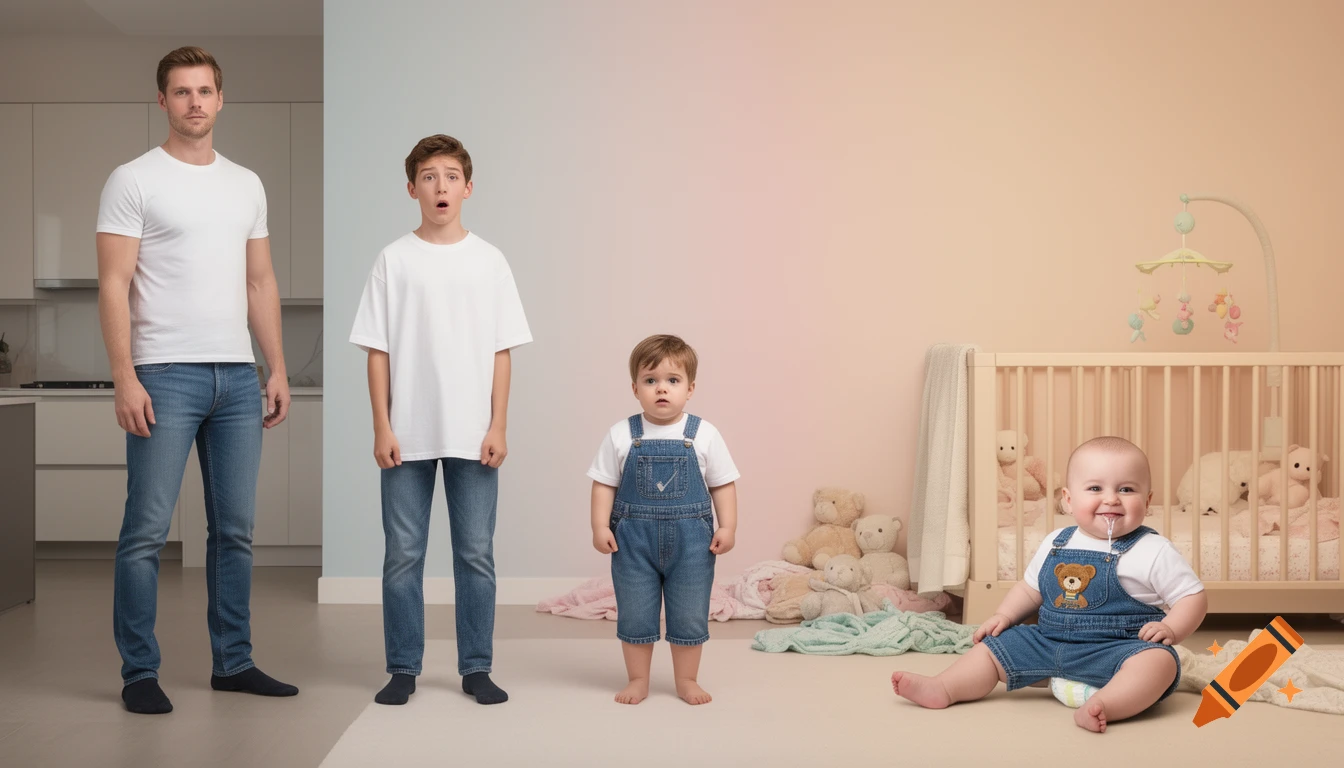 Four males depicting age progression from adult to baby, set in transitioning backgrounds from a kitchen to a pastel nursery.