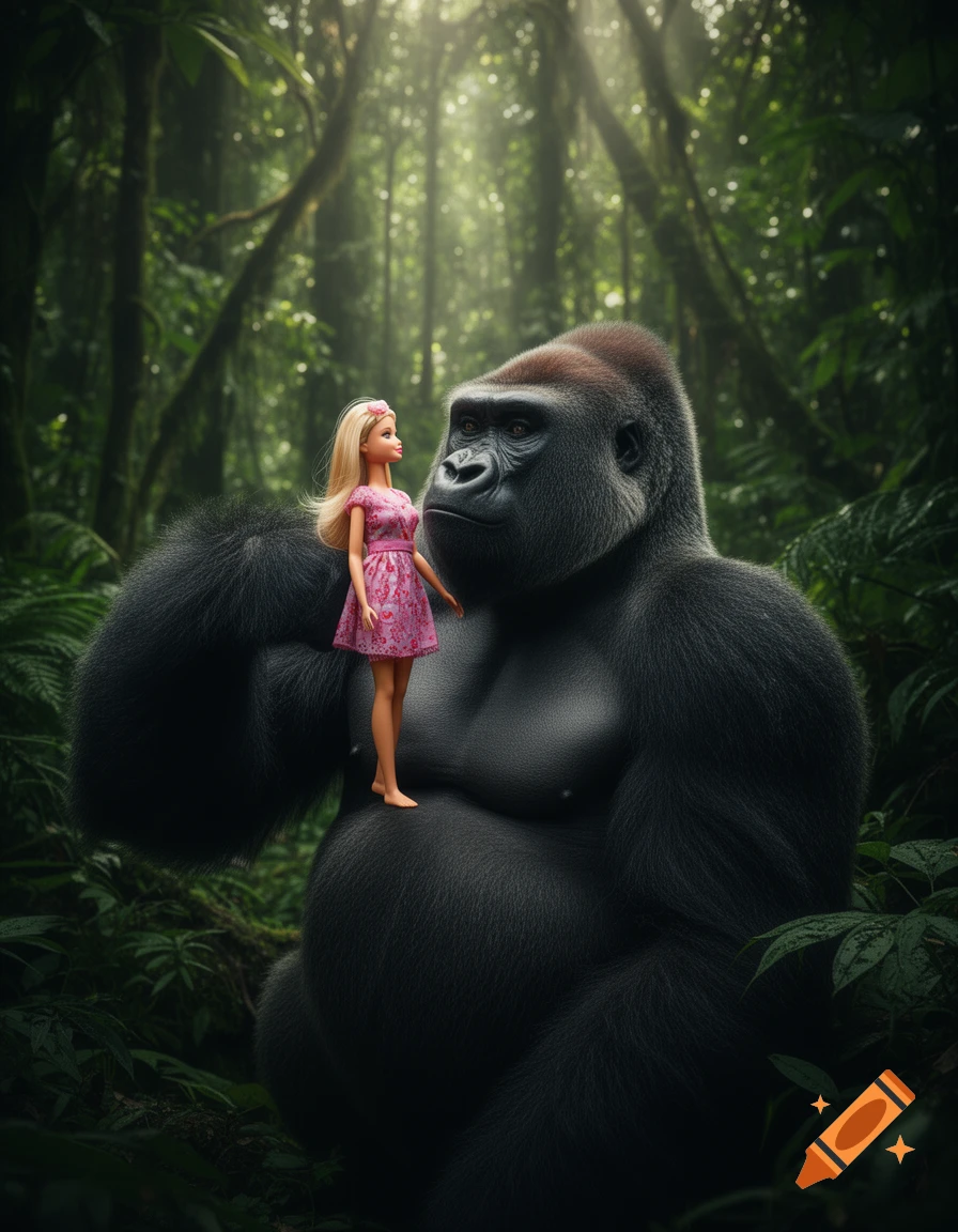 A Barbie doll in a pink dress stands on the chest of a large photorealistic gorilla in a lush jungle.