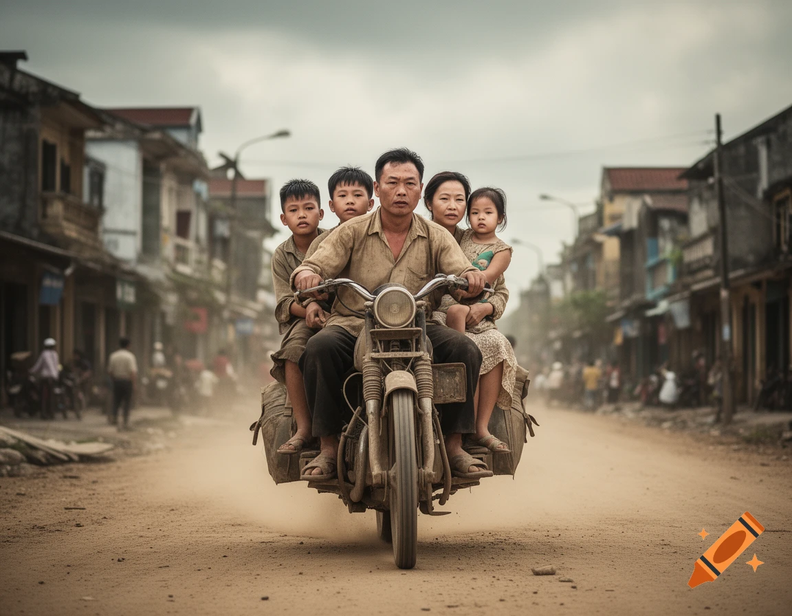 A Vietnamese family of five, with parents and three children, rides a motorcycle down a dusty street in a photorealistic style.