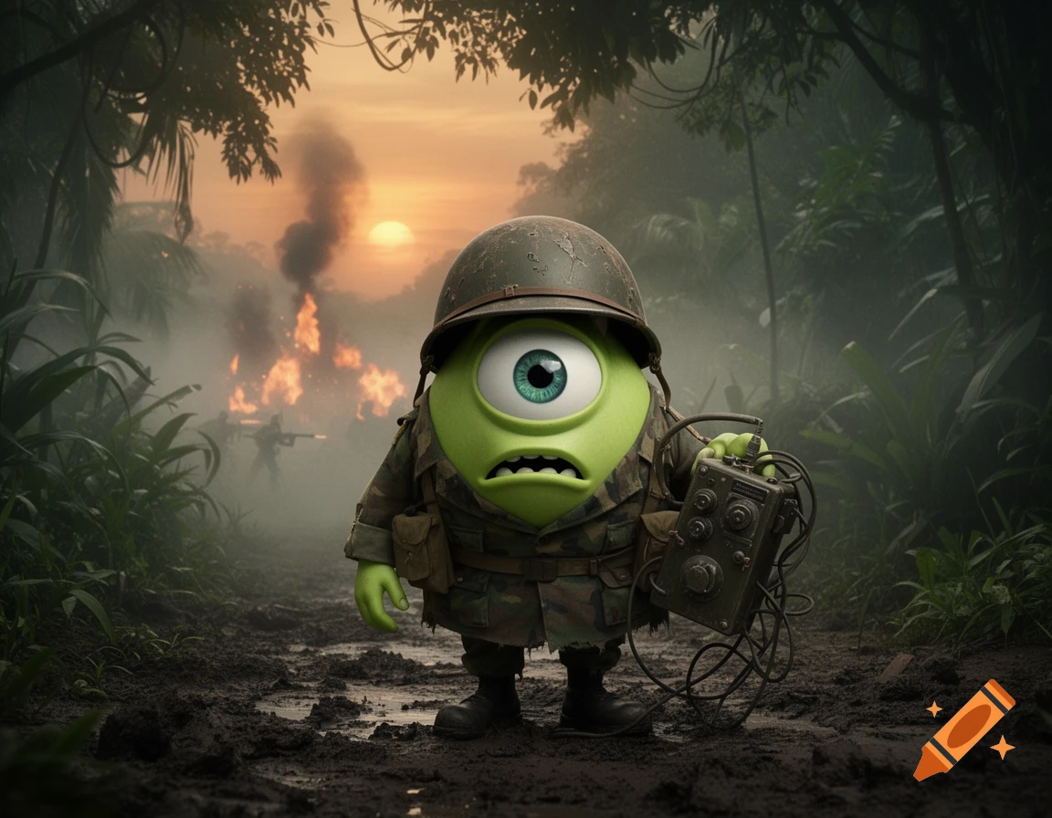 Mike Wazowski in a military uniform, holding a radio, stands on a muddy path in a jungle with explosions and soldiers in the background at sunset.
