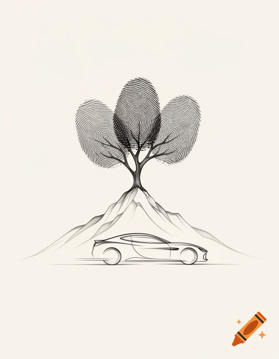 A stylized line art drawing features a tree with three fingerprint leaves growing from mountains, above a sleek car outline.