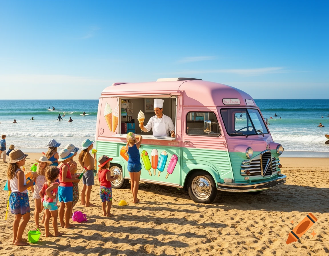 A colorful pink and teal ice cream truck on a sunny beach, surrounded by children waiting in line. A man in a chef's hat serves ice cream from the truck. People swim in the ocean in the background.
