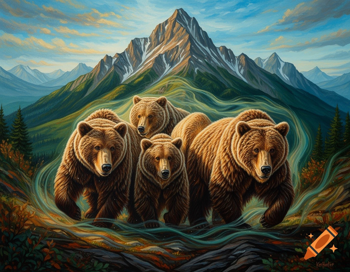 Four grizzly bears walk forward in a vibrant mural painting of a mountain landscape with green hills, blue sky, and swirling teal lines.