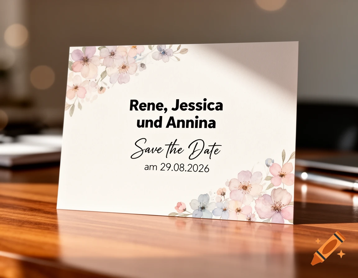 Close-up of a floral wedding invitation card saying "Rene, Jessica und Annina Save the Date am 29.08.2026" on a wooden table.