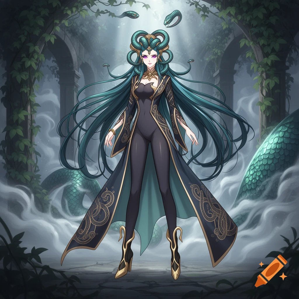 Anime-style Queen Medusa with teal snake hair, black jumpsuit, and an ornate black and gold robe, standing in a foggy ruin.