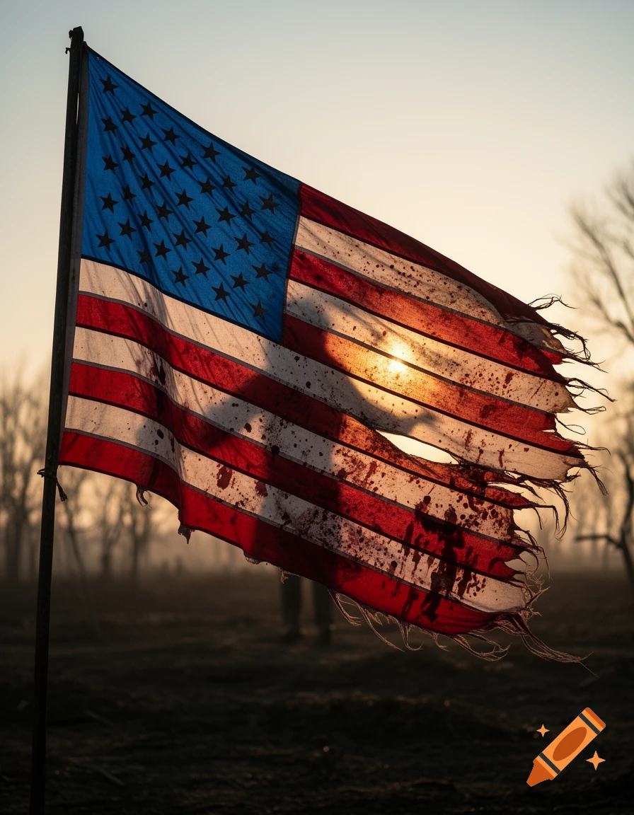 A tattered, blood-splattered American flag waves on a pole against a sunset in a barren, hazy landscape.
