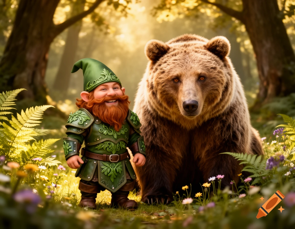 A smiling fantasy gnome in green armor stands next to a large brown bear in a sunlit forest clearing filled with wildflowers.