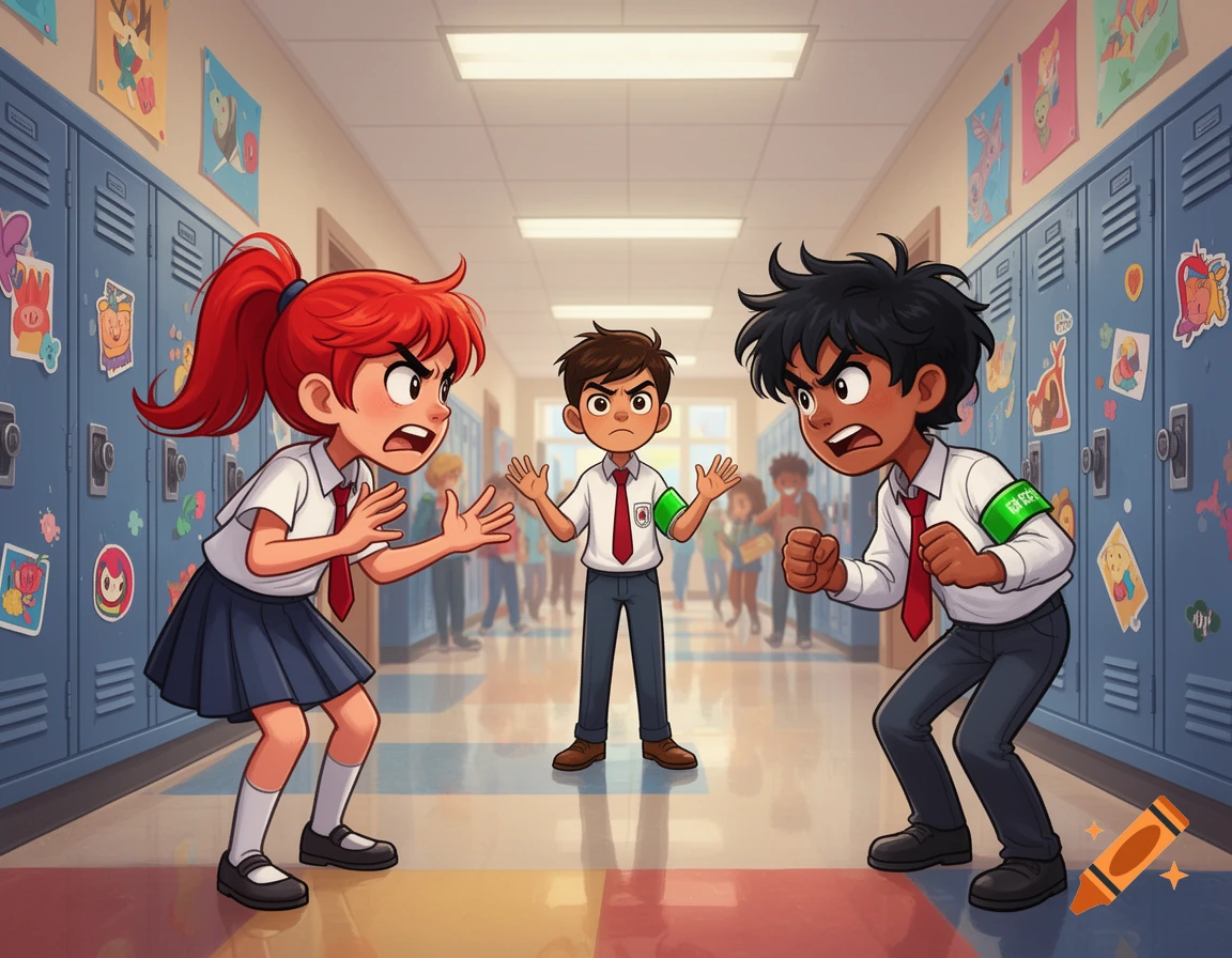 Two angry cartoon students in uniform argue in a school hallway, separated by a third student with a mediator armband. Bright colors.