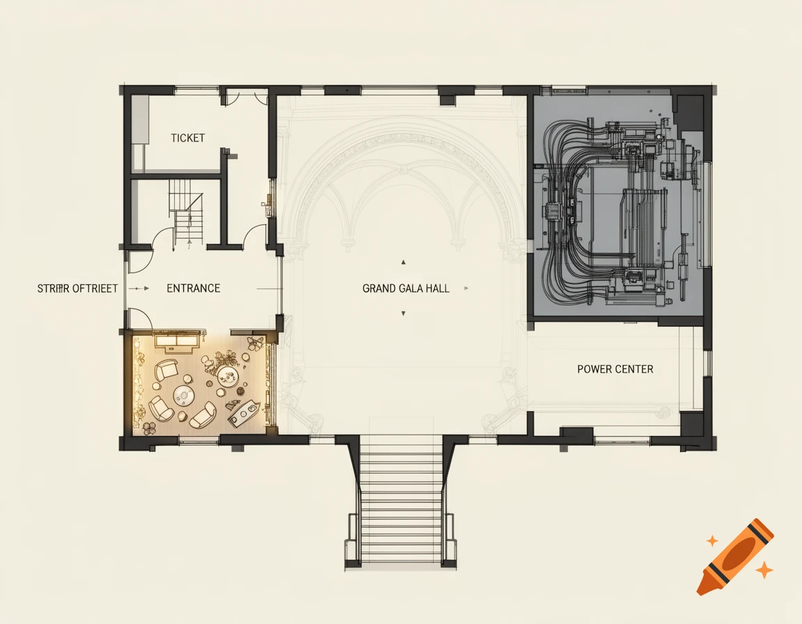 A detailed architectural floor plan of a museum basement showing rooms like an entrance, ticket office, grand gala hall, power center, and a cafe area.