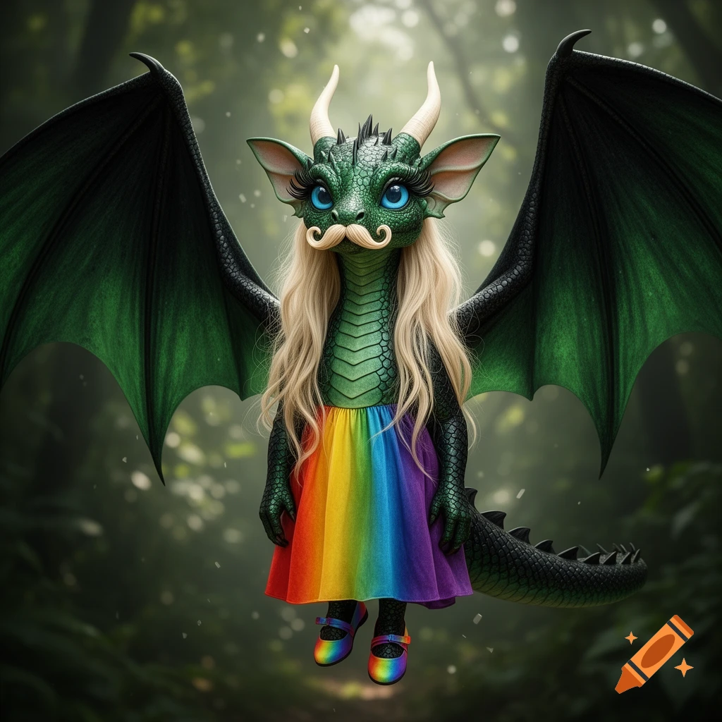 A whimsical green dragon with blonde hair, a French mustache, big blue eyes, and large dark wings, floats in a forest while wearing a vibrant rainbow dress and matching shoes.