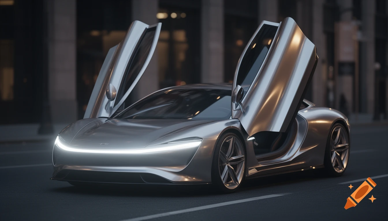 A sleek silver futuristic electric hypercar with butterfly doors open, illuminated by a front LED light strip, parked on a city street at dusk.