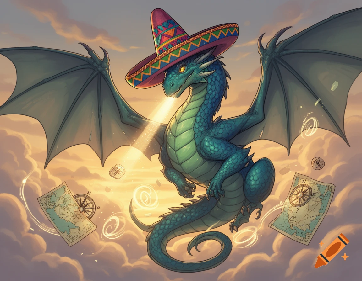 A cartoon blue-green dragon in a sombrero flies through a cloudy sunset sky with floating maps and compasses.