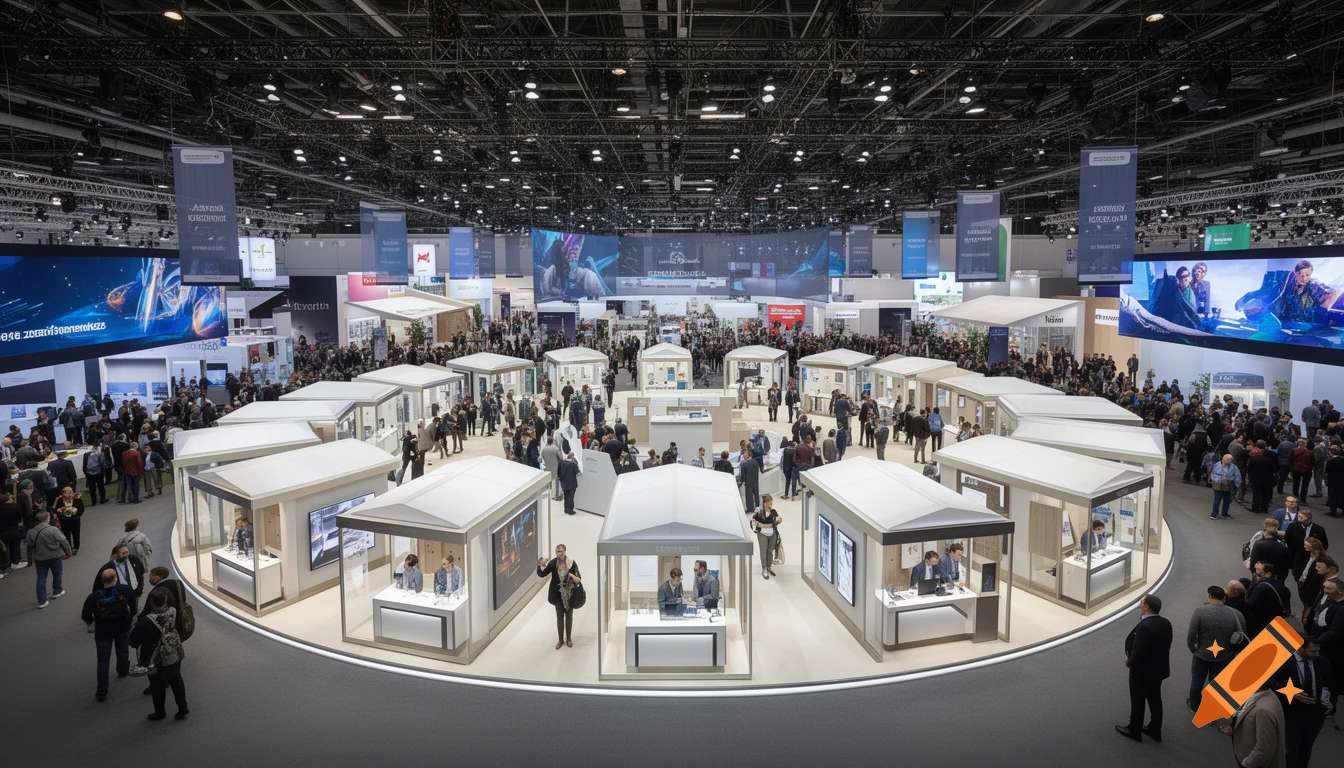 High-angle view of a bustling trade show floor with small exhibition booths arranged in a large circle, surrounded by attendees.