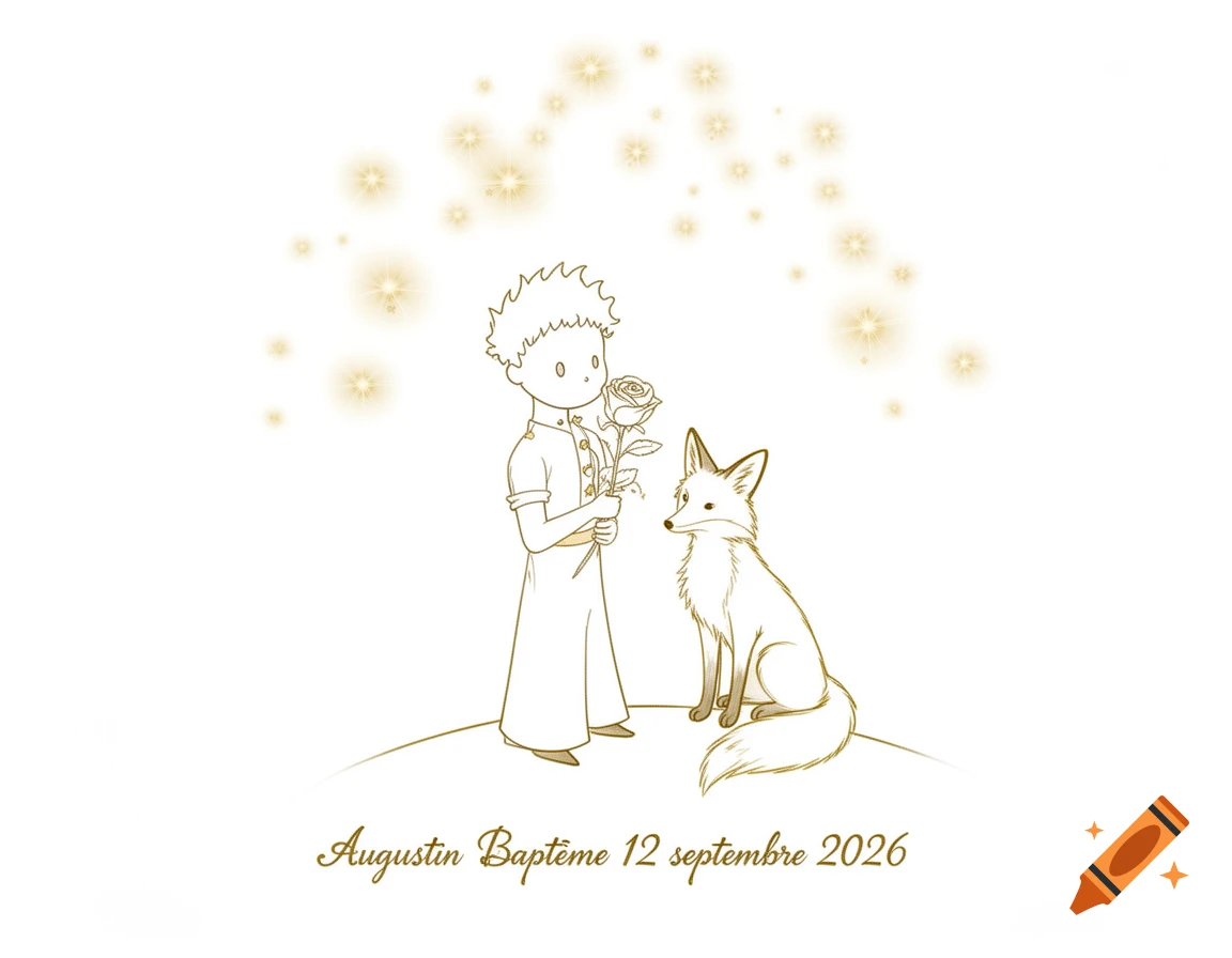 Line art drawing of the Little Prince holding a rose, looking at a fox, under golden stars. Text: Augustin Bapt de 12 septembre 2026.