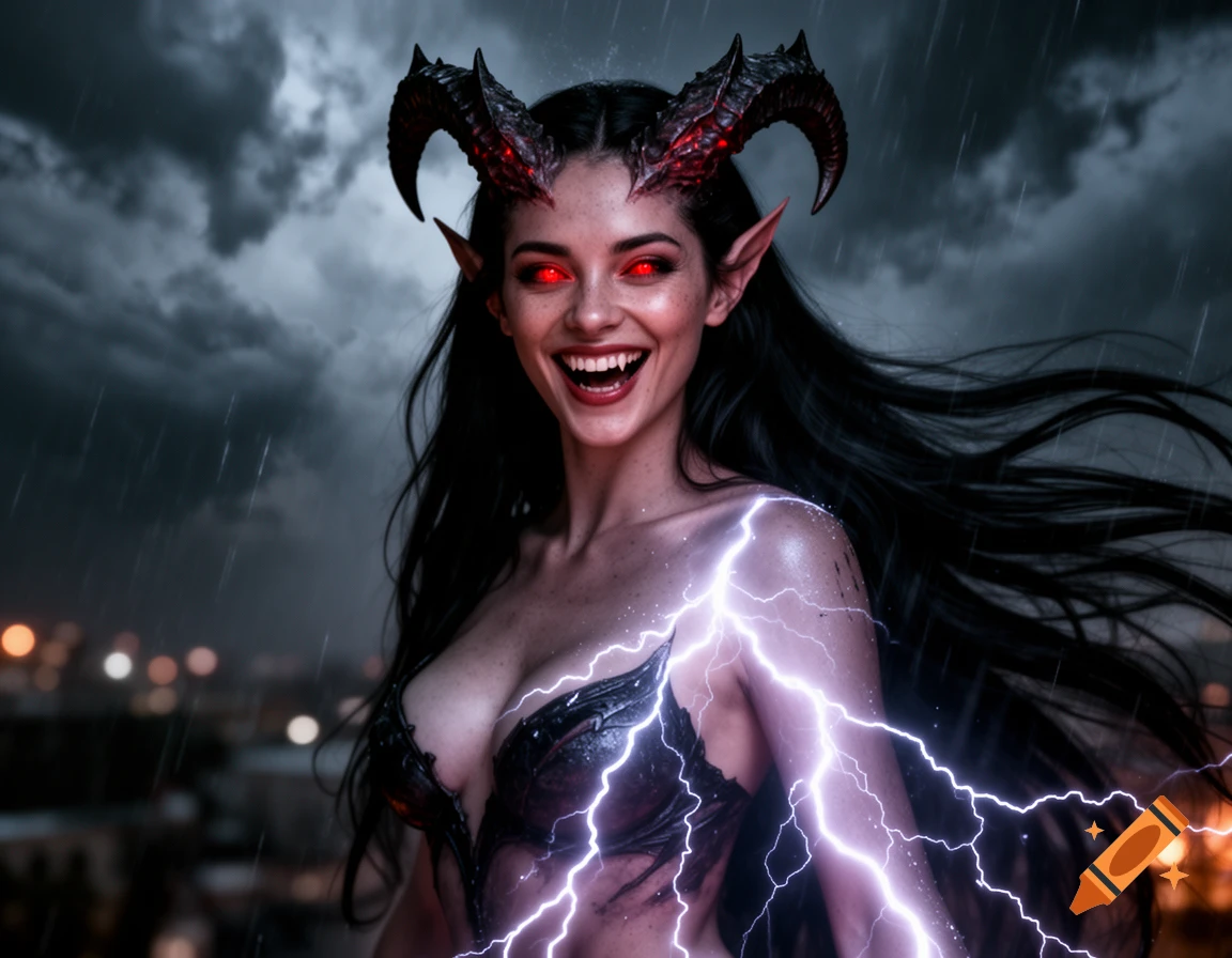 A smiling, photorealistic female demon with dark horns, red eyes, and fangs, illuminated by lightning during a stormy night.