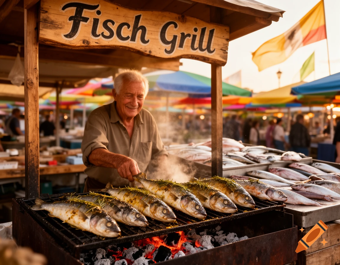 An old man smiles while grilling fish at a lively outdoor market under a sign reading 'Fisch Grill'.