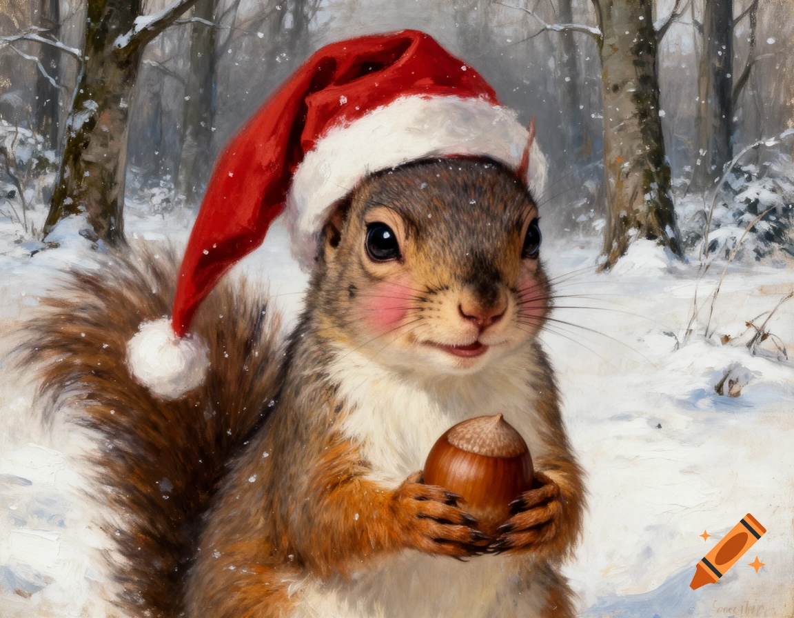 An impressionist oil painting of a cute squirrel wearing a red Santa hat, holding an acorn in a snowy forest.