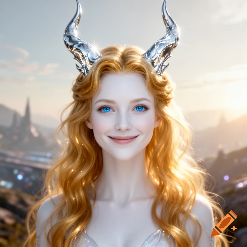 Photorealistic portrait of a smiling woman with golden hair, bright blue eyes, and silver horns, with a city in the background.