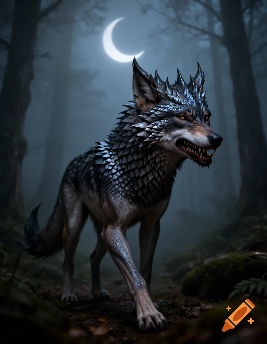A fierce, scaled wolf-like creature with glowing orange eyes and spikes on its back and head, stands in a misty, dark forest under a crescent moon.