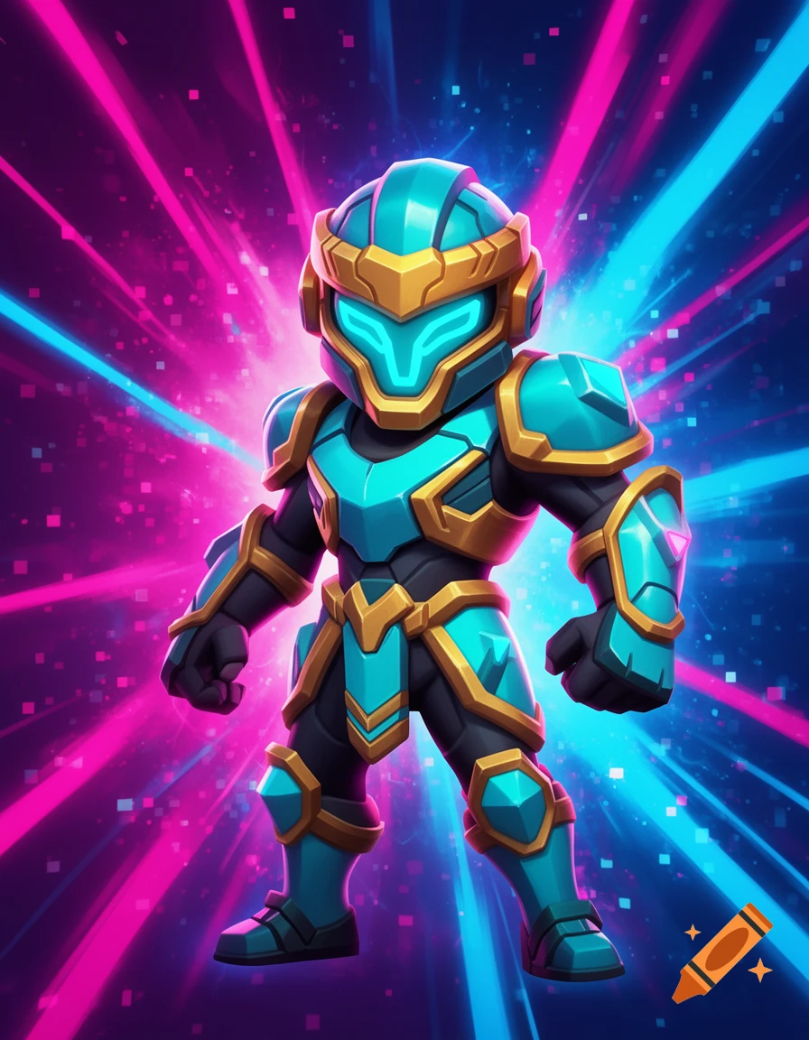 A chibi-style character in teal and gold futuristic armor with a glowing blue visor, standing against a vibrant pink and blue light burst background.