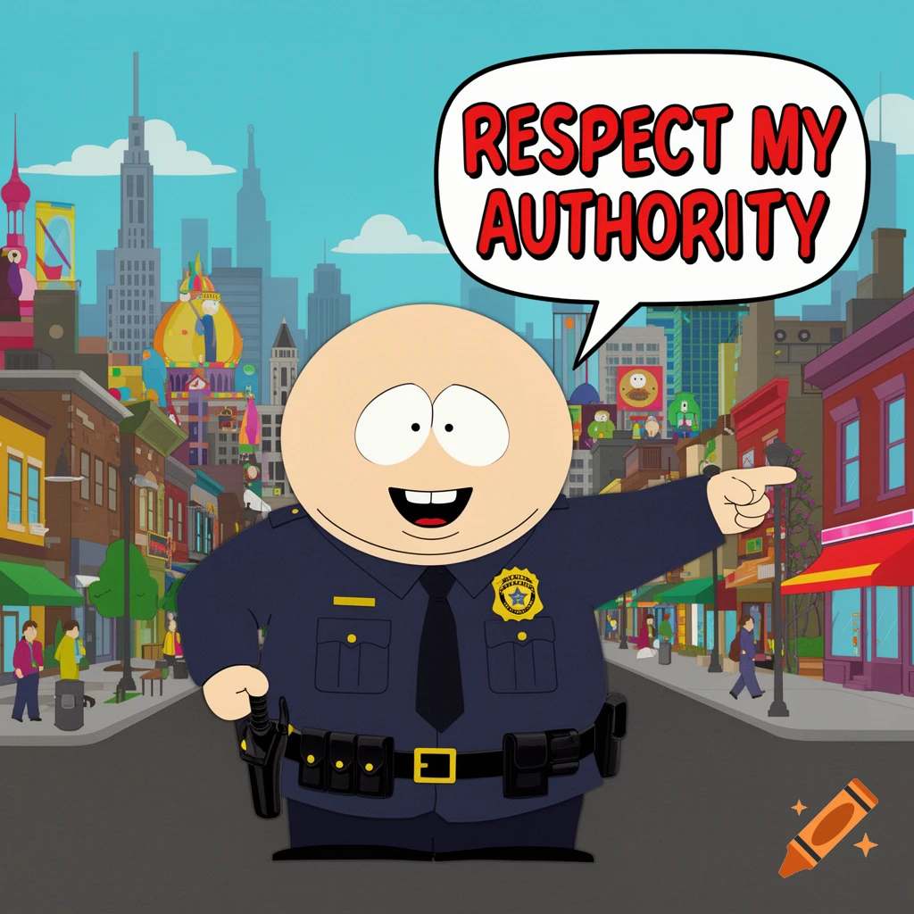 A bald cartoon character in a police uniform points right, saying 'RESPECT MY AUTHORITY' in a speech bubble, on a city street.