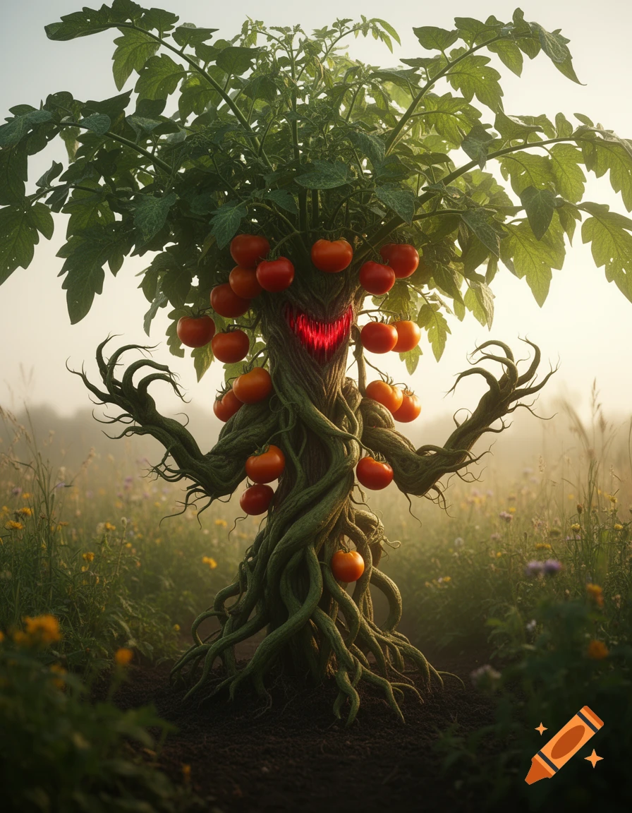 A menacing, twisted tomato plant monster with glowing red eyes stands in a misty field, covered in ripe tomatoes.