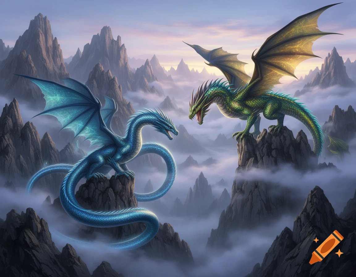 A blue dragon and a green dragon stand on separate mountain peaks, facing each other amidst clouds under a sunrise sky, in a fantasy art style.