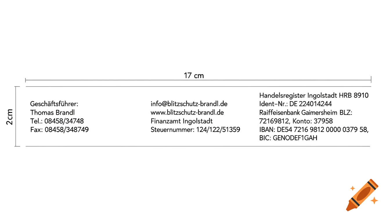 A white letterhead graphic with black text in three columns providing business contact and bank details for 'Blitzschutz Brandl', including dimensions 17 cm by 2 cm.
