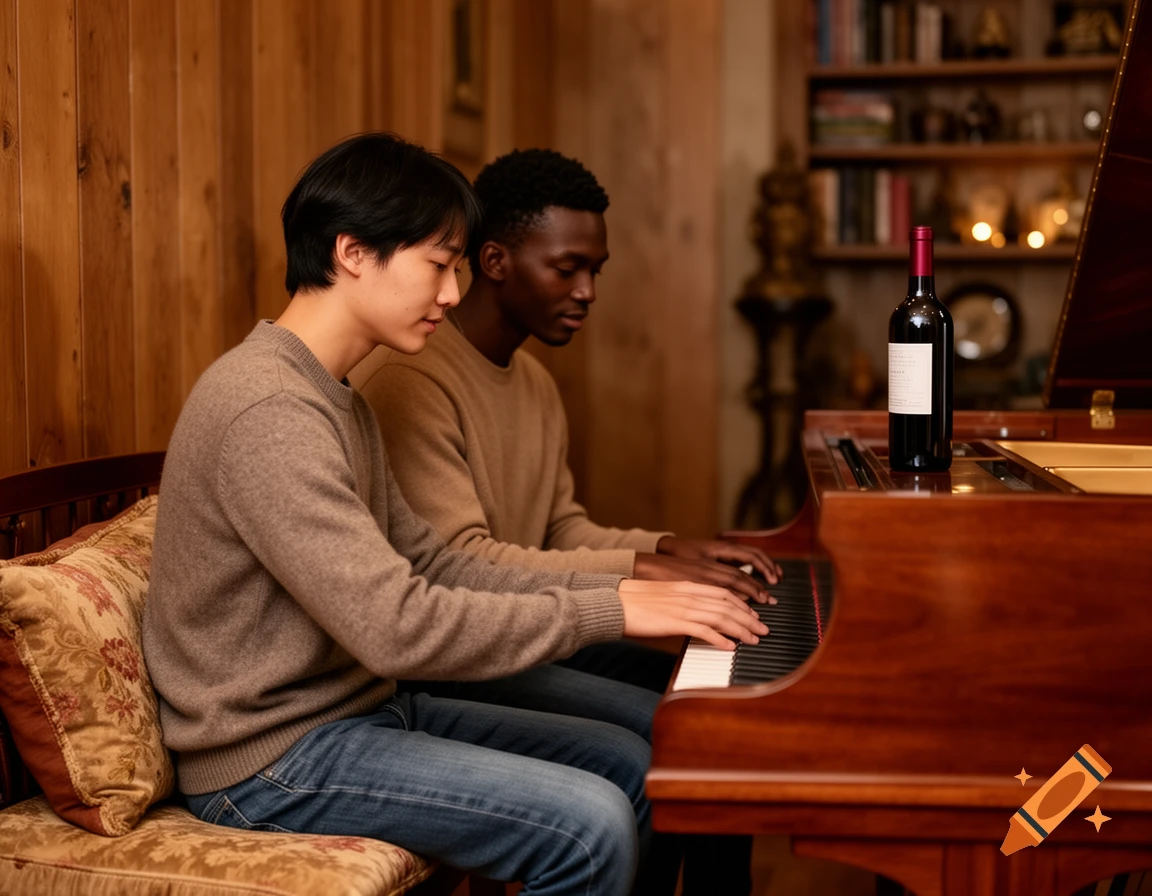 Two young men in sweaters and jeans play a wooden grand piano indoors, with a bottle of red wine on top.