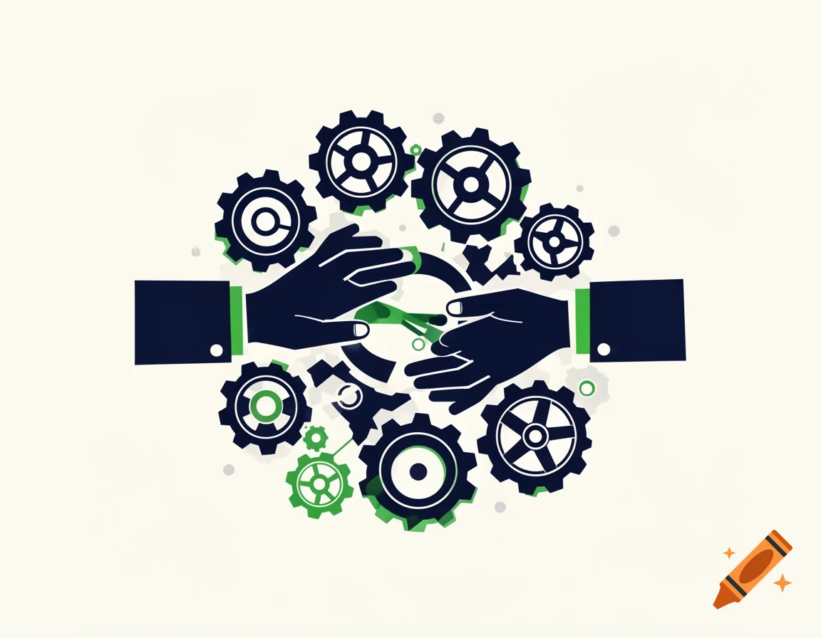 Stylized illustration of two hands reaching towards each other amidst a cluster of navy blue and green gears on an off-white background.