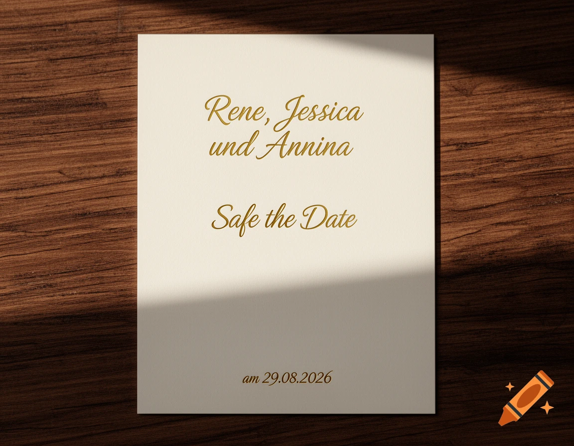 Photorealistic cream 'Save the Date' card with gold text for Rene, Jessica, Annina on a wooden table under sunlight.
