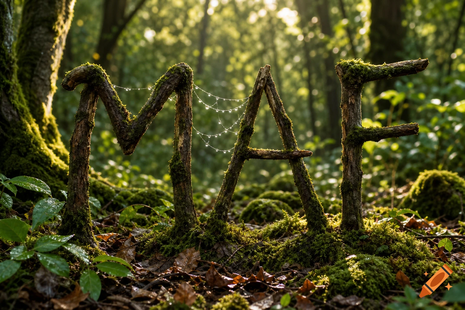 Moss-covered branches form the letters 'MAF' in a sunlit forest, with a dew-covered spiderweb between 'M' and 'A'.