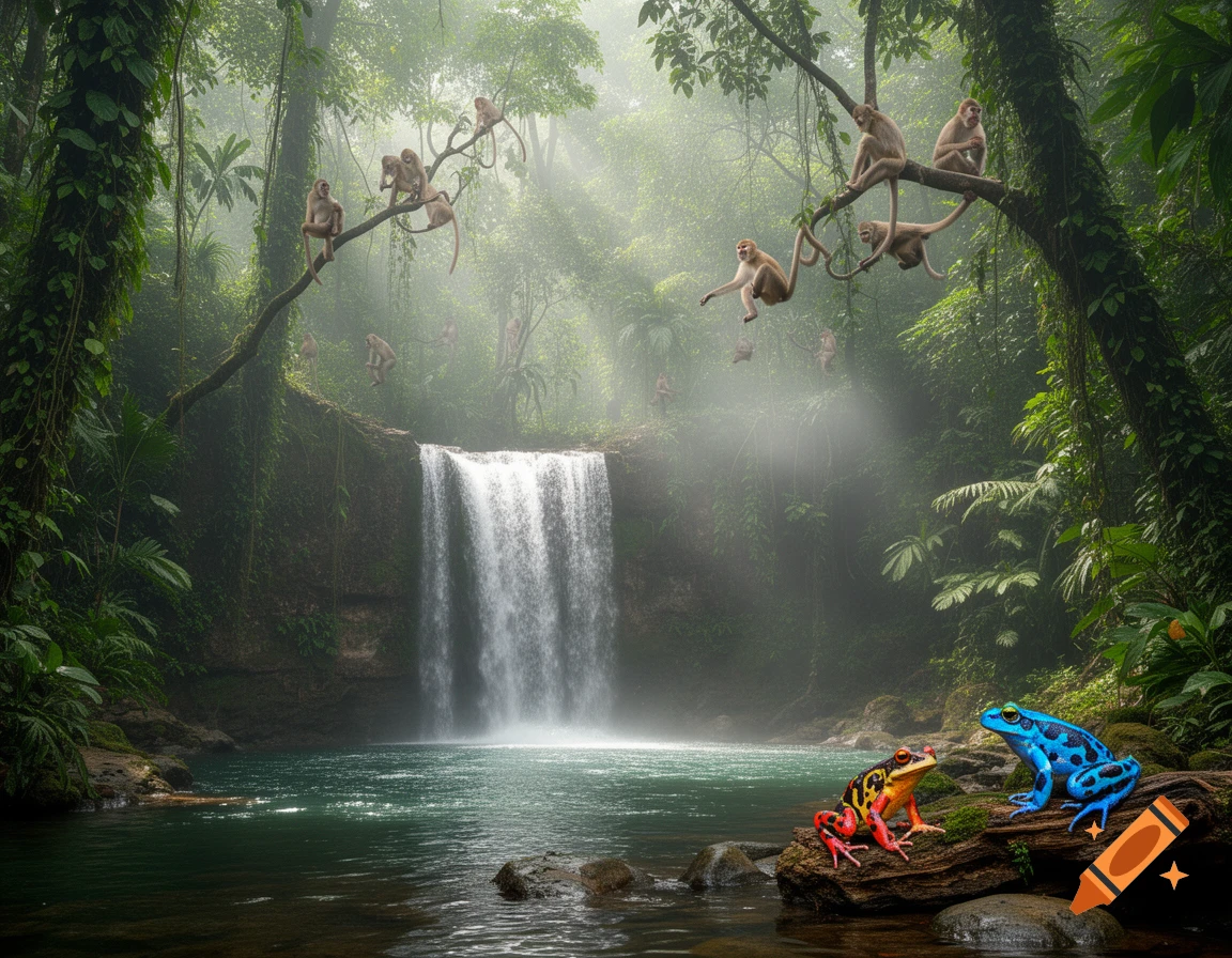 Hyper-realistic jungle with monkeys in trees, a waterfall, and two colorful frogs on a log in the foreground.