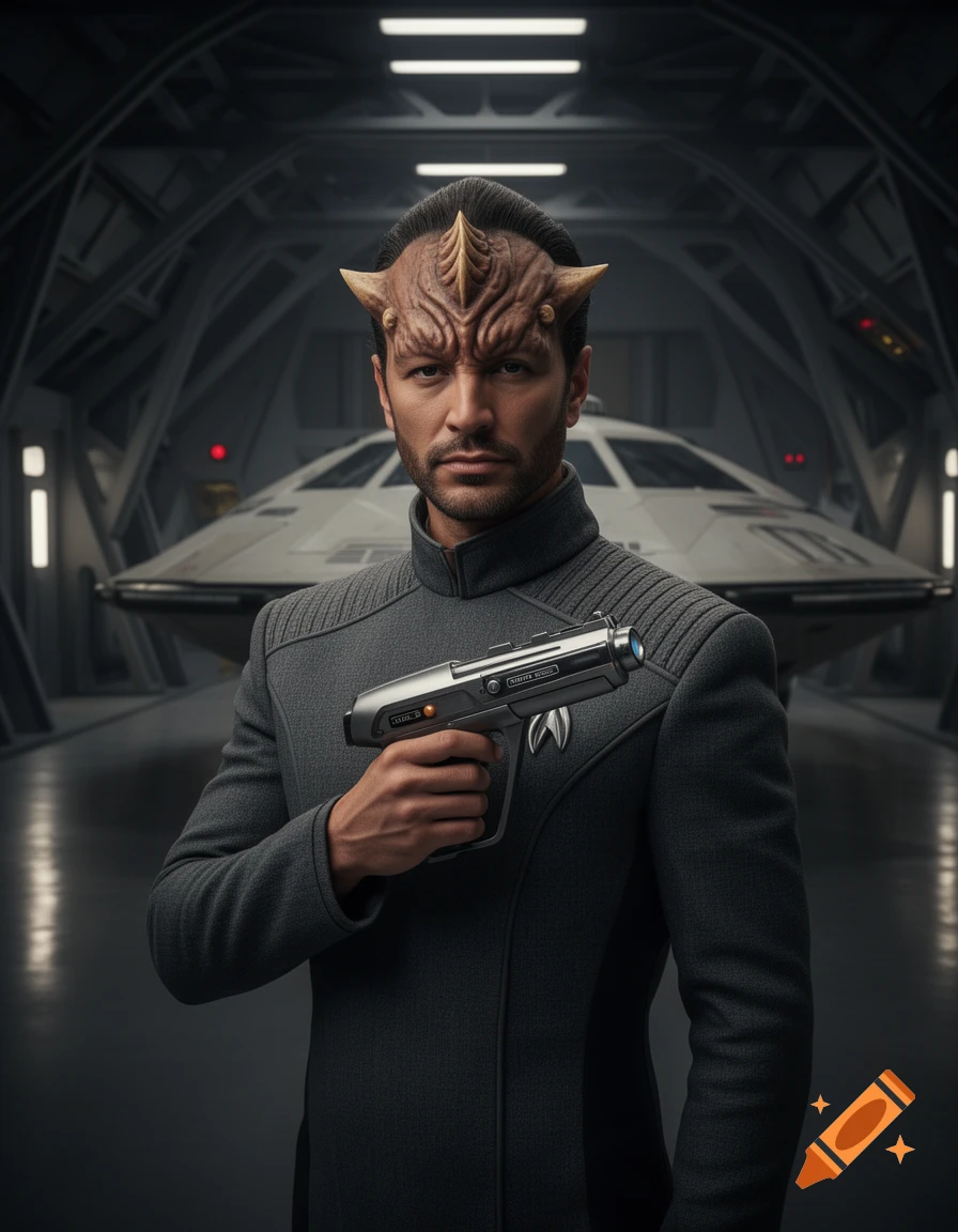 Photorealistic portrait of a half-Klingon, half-human man in a grey uniform holding a phaser in a shuttle bay with a shuttle in the background.