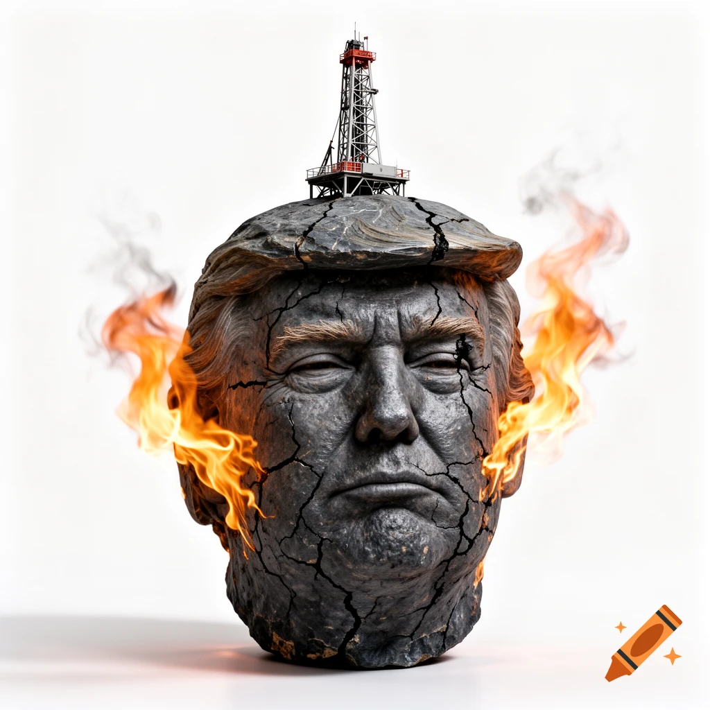 A cracked, dark stone sculpture of Donald Trump's head with an oil drilling rig on top and flames erupting from its sides on a white background.