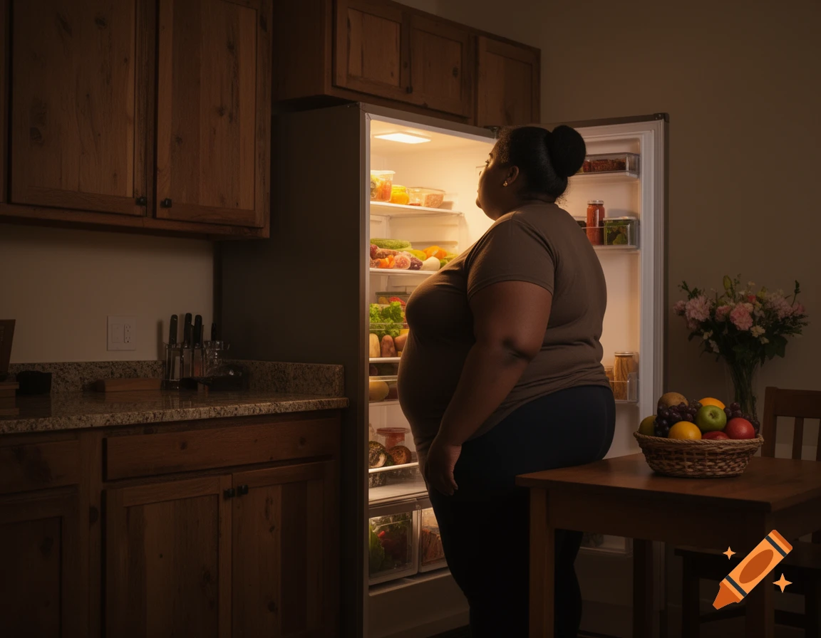 An obese woman stands in a dimly lit kitchen, looking into an open, brightly lit refrigerator filled with food. Photorealistic.