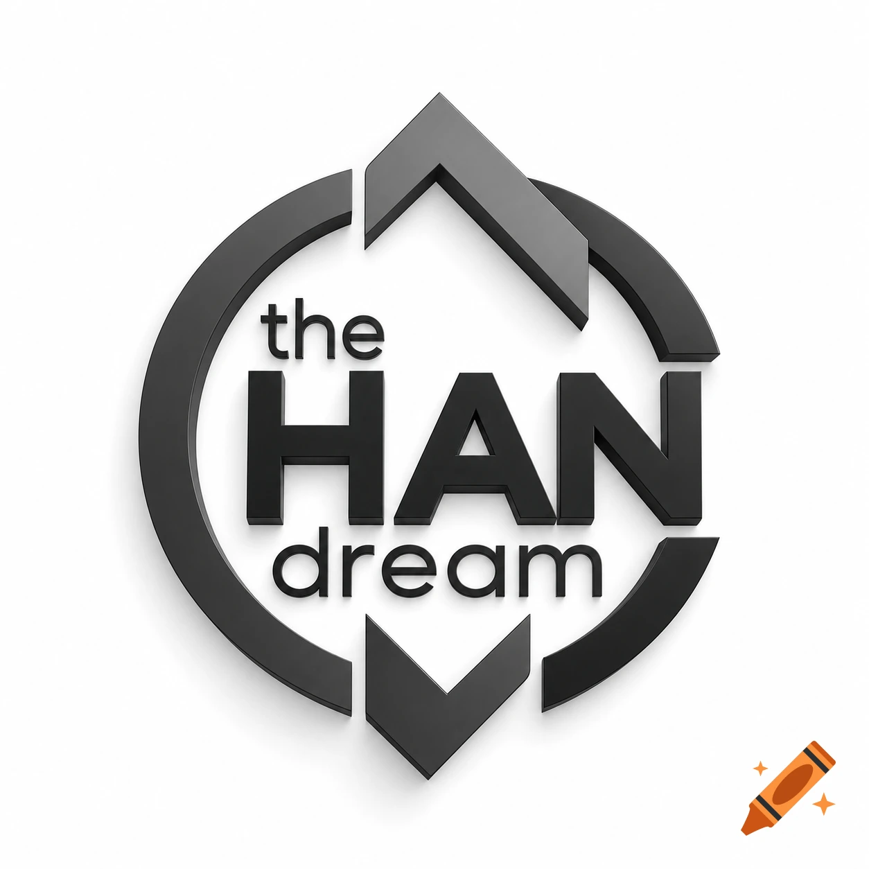 Minimalist 3D black logo featuring "the HAN dream" text and abstract geometric shapes on a white background.