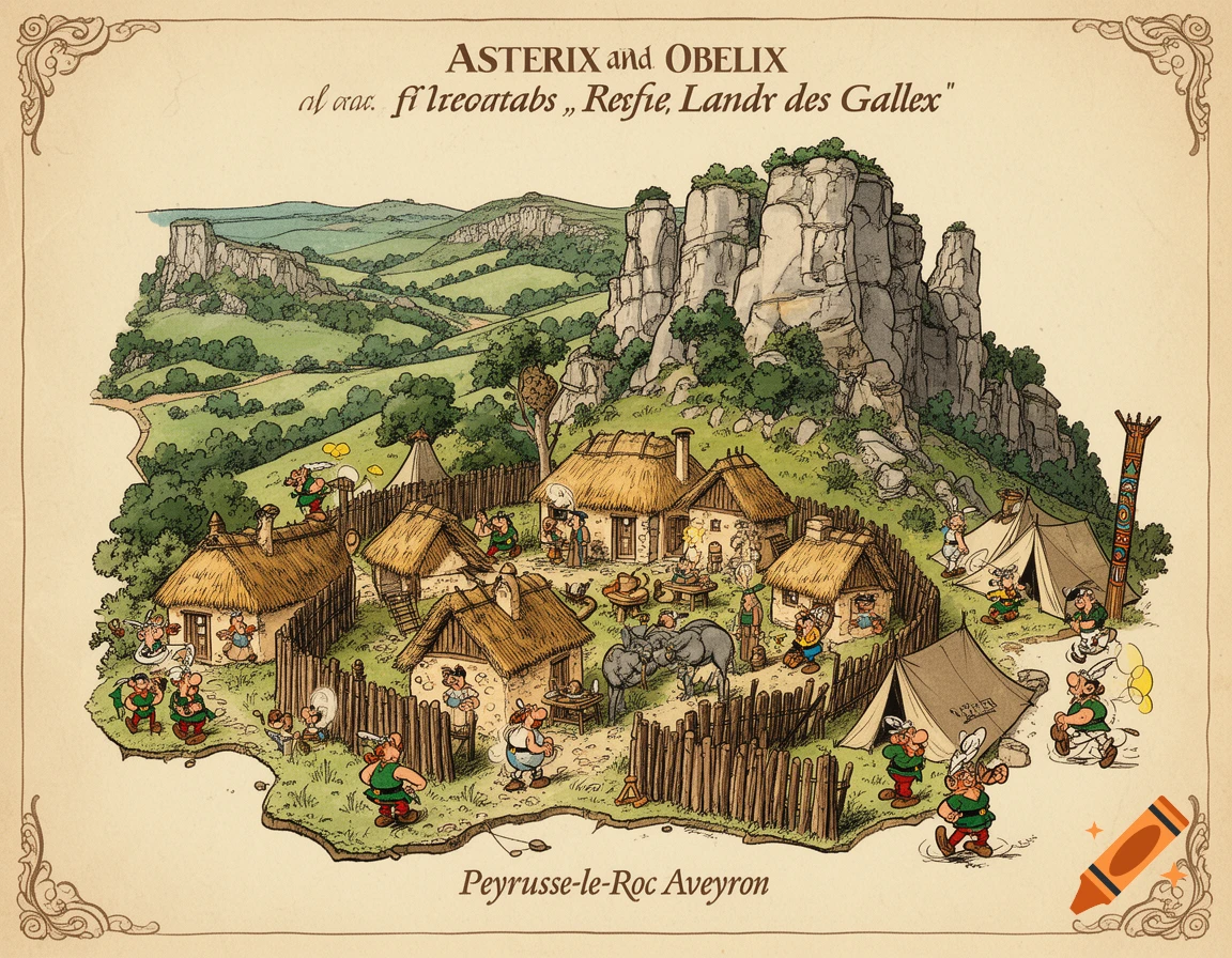 Comic illustration of a Gaulish village with huts, fences, and characters, surrounded by green hills and rocky cliffs, labeled Asterix and Obelix.