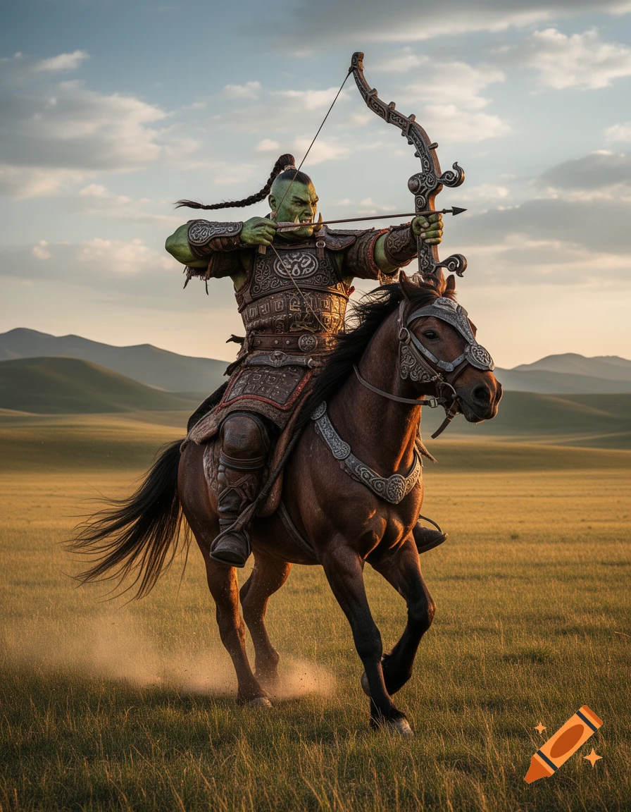A green-skinned orc warrior in detailed armor rides a brown horse across a grassy plain, aiming a bow and arrow at sunset.