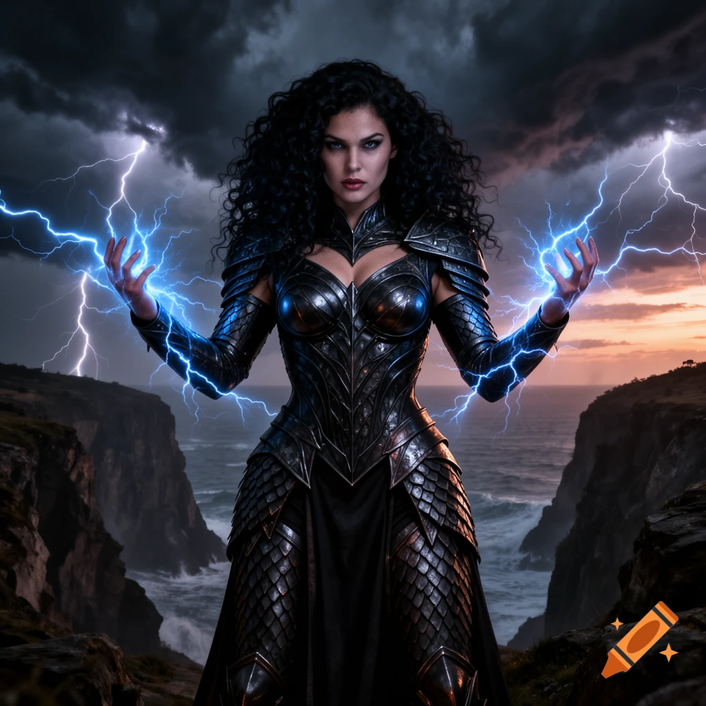 A dramatic shot of a dark-haired warrior woman in scaly armor wielding lightning, standing on a cliff overlooking a stormy sea at sunset.