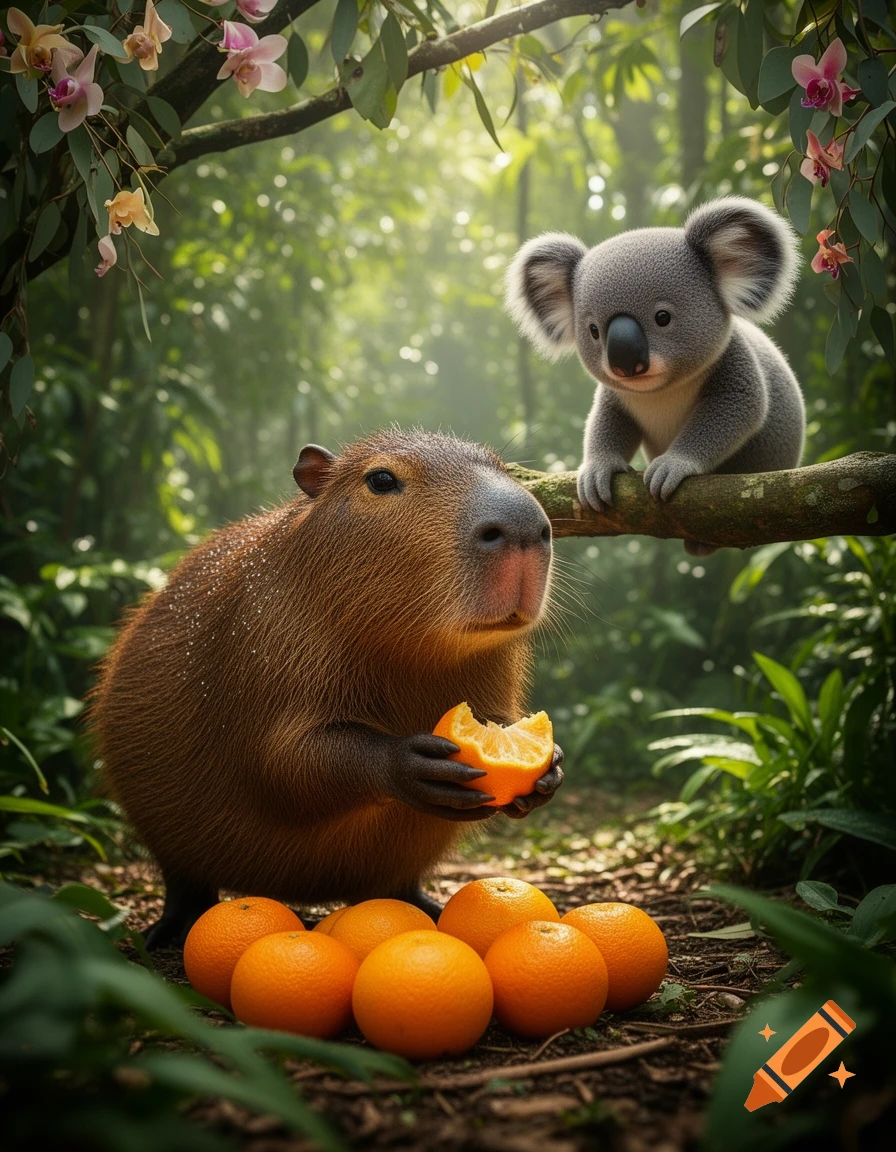 A photorealistic capybara eats an orange in a lush jungle, while a baby koala observes from a tree branch above a pile of oranges.