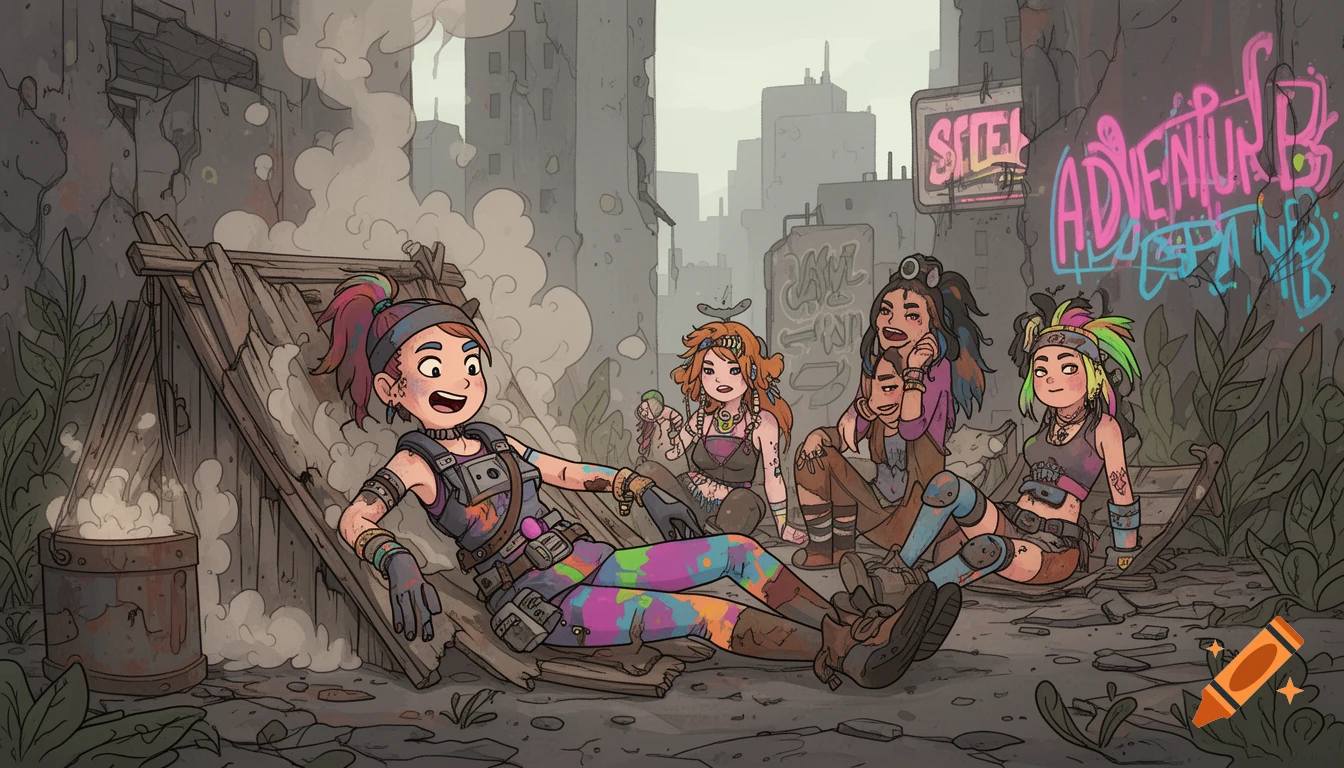 Five stylized female raider characters relaxing in a gritty post-apocalyptic urban setting with graffiti and rubble.