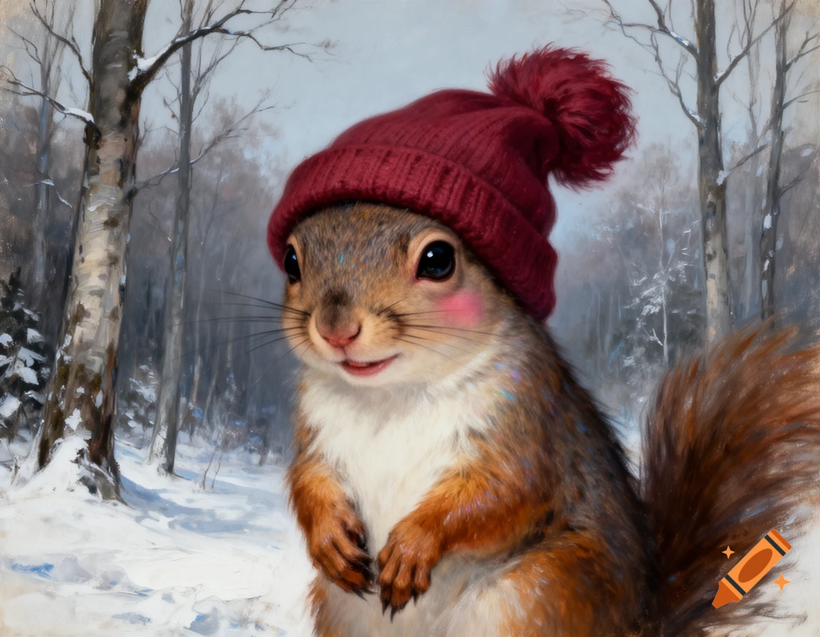 A highly realistic squirrel wearing a red knit beanie with a pompom, blushing and smiling in a snowy forest, in the style of an oil painting.