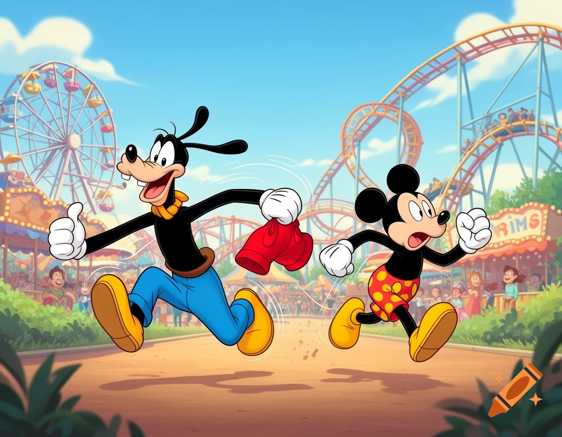 Goofy holds Mickey's red shorts, running from Mickey in polka dot underwear at a sunny amusement park with rides.